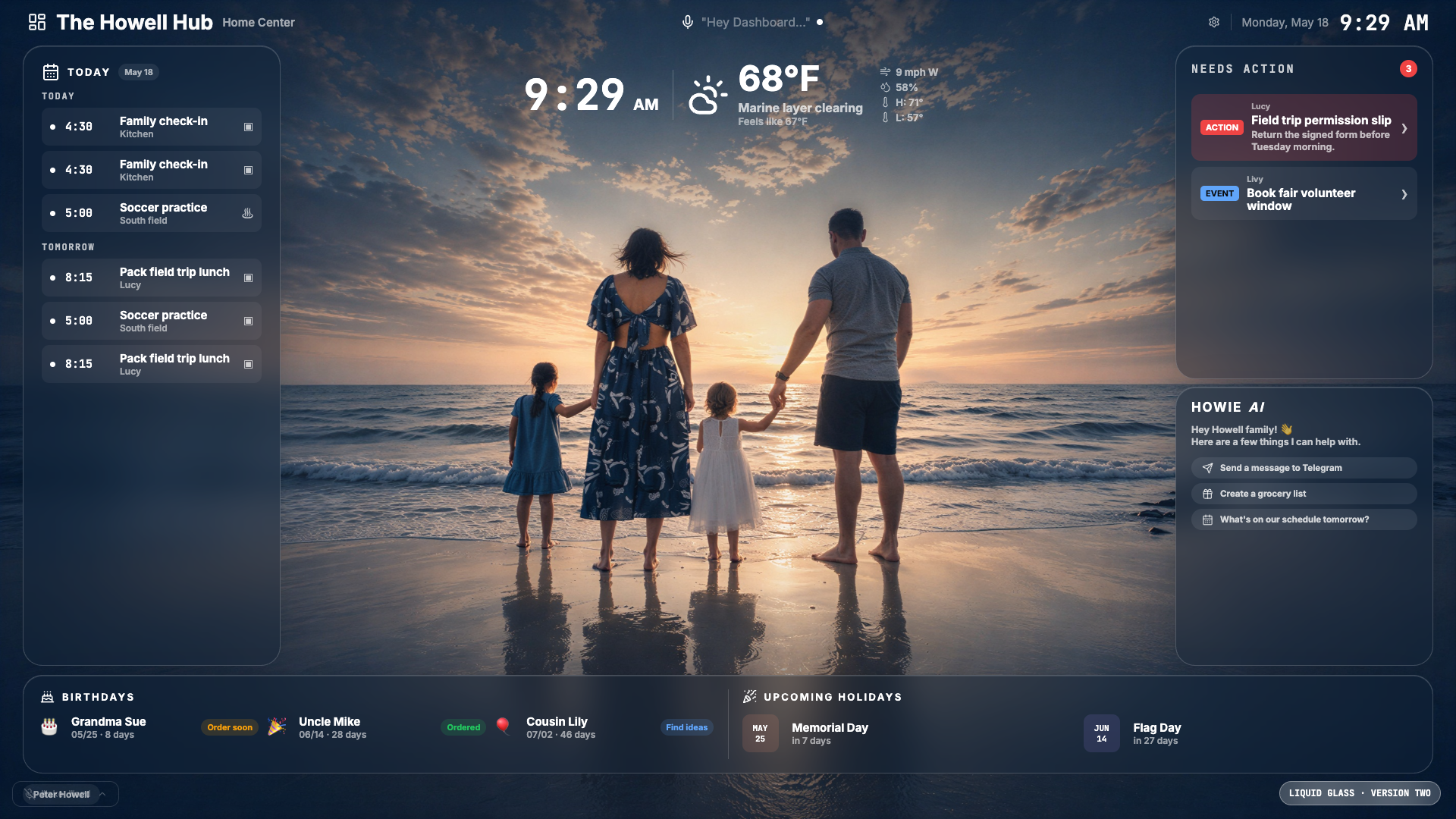 Home Center dashboard — family hub with schedule, weather, and AI assistant.